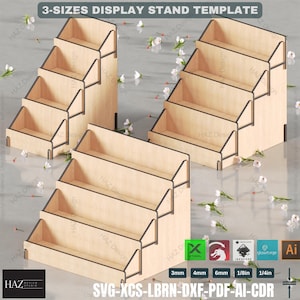 3 Größen-Ausstellungsstand SVG Laser-Schnitt-Einzelhandelsregalschablone, Laser-Schnitt-Einzelhandelsanzeige 4-Schicht-anpassbarer Stand, Multimaterialständer SVG425