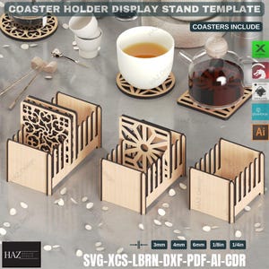 May include: A wooden coaster holder display stand template with three different sized stands. The stands are made of wood and have a natural finish. The coasters are made of wood and have a variety of designs. The image includes the text "COASTER HOLDER DISPLAY STAND TEMPLATE" and "COASTERS INCLUDE".