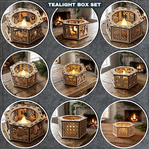May include: A set of wooden tealight candle holders. Each hexagonal box has detailed cut-out patterns, such as snowflakes, trees, and houses. The tealight candles inside give off a warm light. The text "TEALIGHT BOX SET" is at the top.
