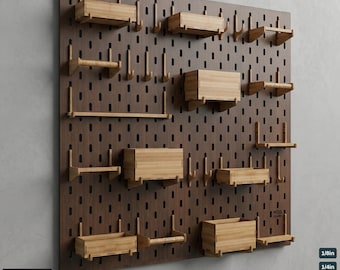 Wood Pegboard Wall Organizer / Modular Peg Board with Hooks and Bins Wall Storage 083