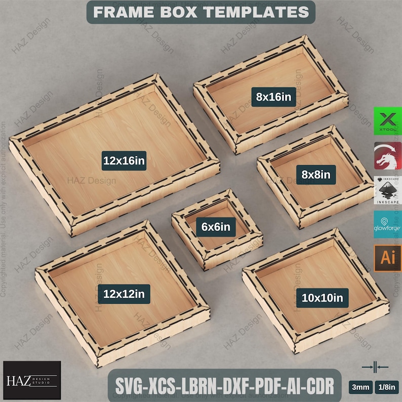 May include: A collection of wooden frame box templates in various sizes, including 6x6 inches, 8x8 inches, 8x16 inches, 10x10 inches, 12x12 inches, and 12x16 inches. The frames have a light wood finish with a decorative edge. The image includes the text "FRAME BOX TEMPLATES".