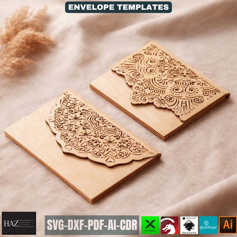 May include: Two laser-cut wooden envelope templates with intricate floral designs. The envelopes are rectangular with a decorative, semi-circular flap. The text "ENVELOPE TEMPLATES" is at the top. The image also includes the text "SVG-DXF-PDF-AI-CDR".
