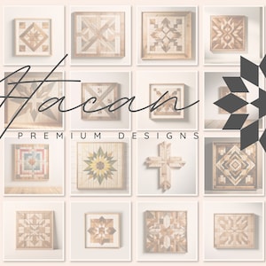 May include: A collage of 18 square wooden wall art pieces with geometric patterns in various colors. The art pieces are arranged in a grid pattern. The text "Atcan Premium Designs" is in the center of the image.