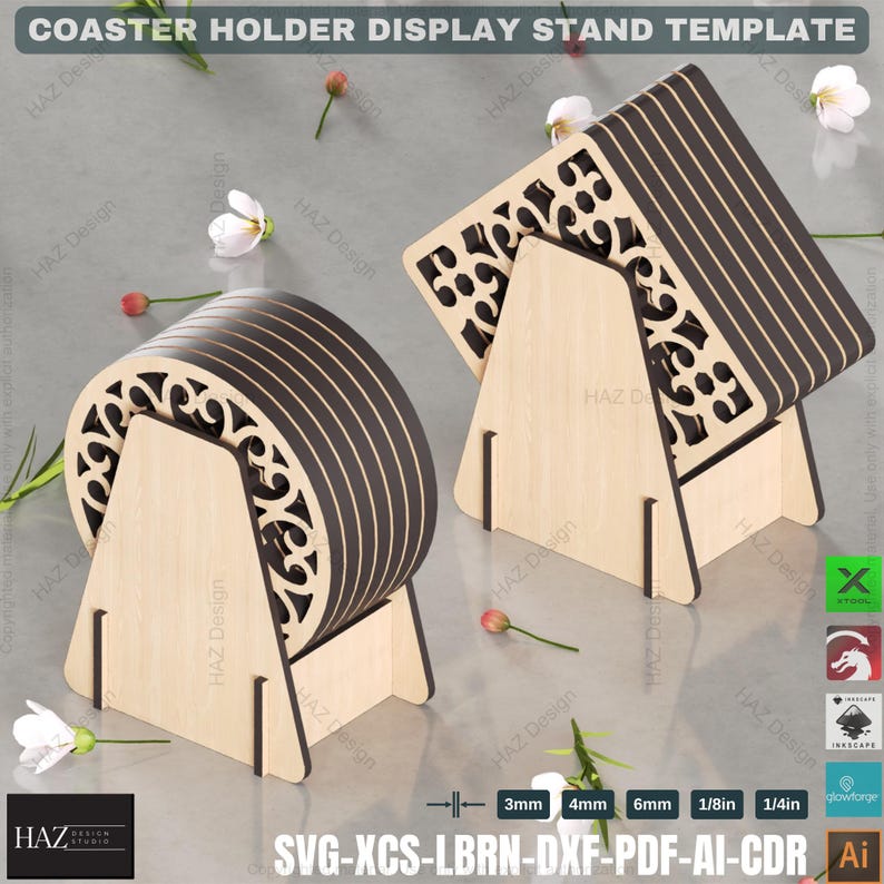 May include: A wooden coaster holder display stand template with intricate cutouts. The stand is designed to hold six coasters, which are stacked on top of each other. The stand is made of light brown wood and has a triangular shape. The template is available in SVG, XCS, LBRN, DXF, PDF, AI, and CDR formats.