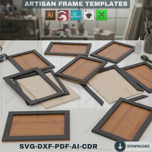 以下が含まれることがあります： 長方形の職人フレームテンプレートのコレクション。濃い灰色のフレームと木製または明るい色のインサートがあります。画像には「ARTISAN FRAME TEMPLATES」というテキストとファイルの種類情報（SVG-DXF-PDF-AI-CDR）が含まれています。