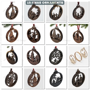 Puede incluir: Una colección de 15 adornos navideños de madera. Cada adorno es redondo con un diseño recortado que presenta escenas festivas como árboles, casas y copos de nieve. Cuelgan de cintas rojas. El texto "15-XMAS ORNAMENTS" está en la parte superior.
