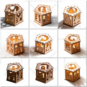 Può includere: Nove portacandele in legno con vari ritagli a tema festivo, tra cui renne, alberi di Natale, omini di pan di zenzero, stelle, fiocchi di neve e pupazzi di neve. Ogni supporto ha una forma esagonale ed è realizzato in legno chiaro.