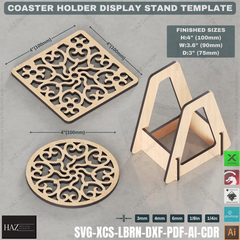 May include: A laser cut wooden coaster holder display stand template. The template includes two coasters, one square and one round, with intricate designs. The stand is 4 inches tall, 3.6 inches wide, and 3 inches deep. The template is available in SVG, XCS, LBRN, DXF, PDF, AI, and CDR formats.