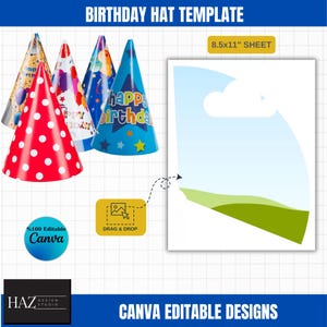 de chapeau d'anniversaire | Chapeau de fête DIY, modifiable sur Canvas | Feuille imprimable 8,5 x 11 | Enfants et adultes 364
