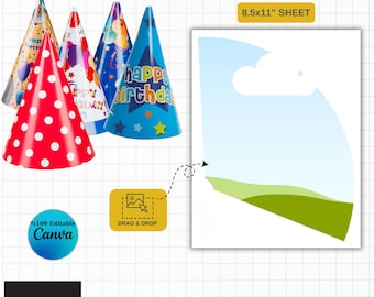 Birthday Hat Template | DIY Party Hat Design, Editable in Canva | 8.5x11 Printable Sheet | Kids & Adults 364