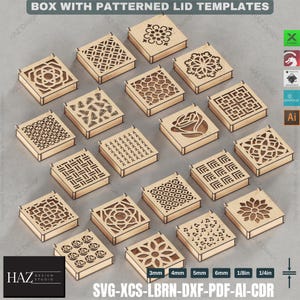 May include: A set of 18 laser cut box lid templates with various geometric and floral patterns. The templates are made of wood and are available in six different sizes: 3mm, 4mm, 5mm, 6mm, 1/8 inch, and 1/4 inch. The templates are designed to be used with a laser cutter or CNC machine. SVG-XCS-LBRN-DXF-PDF-AI-CDR