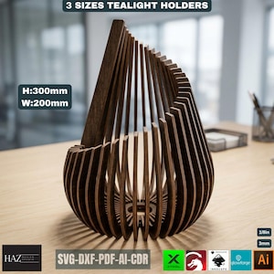 May include: A wooden teardrop-shaped tealight holder with vertical slats. The holder is 300mm high and 200mm wide. The text "3 SIZES TEALIGHT HOLDERS" is at the top. The design includes the text "SVG-DXF-PDF-AI-CDR" and various software logos.