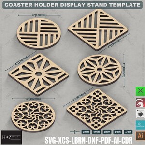 May include: A set of five laser cut wooden coaster holders in various geometric and floral designs. Each holder measures 4 inches in diameter. The designs include a square with a geometric pattern, a circle with a starburst pattern, a square with a floral pattern, a circle with a floral pattern, and a square with a geometric pattern.