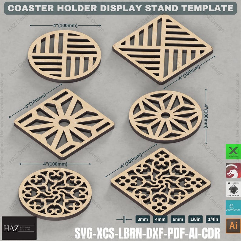 May include: A set of five laser cut wooden coaster holders in various geometric and floral designs. Each holder measures 4 inches in diameter. The designs include a square with a geometric pattern, a circle with a starburst pattern, a square with a floral pattern, a circle with a floral pattern, and a square with a geometric pattern.