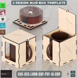 Laser Cut Mug Box, Vorlage 2 Klappdeckel Designs. Perfekter DIY hölzerner Geschenkboxplan, DIY Laser-Schnittbecherhalter-Plan. Stilvolle Holzkisten 443