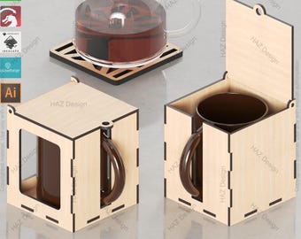 Caja para tazas cortada a láser, plantilla con 2 diseños de tapa abatible. Plano perfecto para caja de regalo de madera DIY. Plano para caja porta tazas cortada a láser DIY. Elegantes cajas de madera 443.