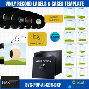 Op de afbeelding: Een digitale sjabloon voor het maken van vinyl platenlabels en -hoezen. De sjabloon bevat vellen van 12x12 inch voor labels en hoezen in maten van 7 tot 12 inch. De sjabloon is bewerkbaar in Canva en bevat de bestandsformaten SVG, PDF, AI, CDR en DXF. De afbeelding toont een zwarte vinylplaat met een wit label en de tekst "Capitel" erop. De afbeelding toont ook een zwart-witte illustratie van een platenspeler met een plaat erop. De afbeelding toont ook een zwart-witte illustratie van een platenspeler met een plaat erop.