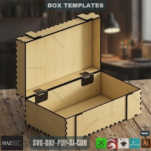May include: Open wooden box with black hinges and accents. The box is made of light-colored wood with a rectangular shape. The text "BOX TEMPLATES" is at the top, and "SVG-DXF-PDF-AI-CDR" is at the bottom. The box is approximately 6mm thick.