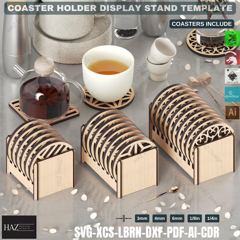 May include: A wooden coaster holder display stand template with a set of coasters. The stand is designed to hold 10 coasters. The coasters are made of wood and have a decorative design. The template is available in SVG, XCS, LBRN, DXF, PDF, AI, and CDR formats.