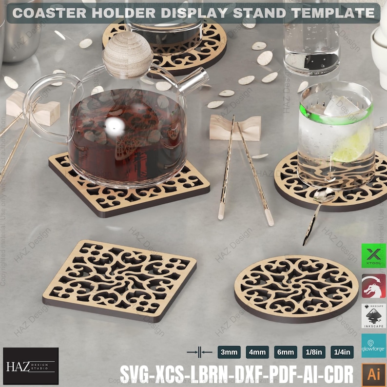 May include: A set of five laser cut wooden coasters with intricate designs. The coasters are in a square and round shape. The coasters are displayed on a table with a teapot and glasses.