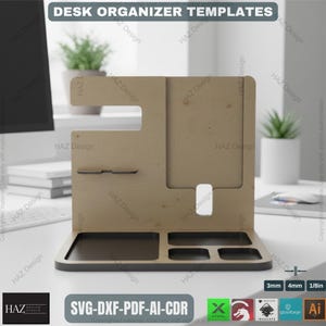 May include: A wooden desk organizer template with multiple compartments and slots for various items. The organizer has a rectangular base with a dark gray trim and a light brown upper section. The text "DESK ORGANIZER TEMPLATES" is visible at the top.