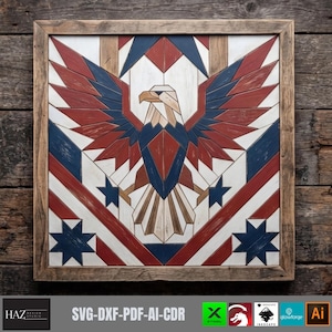 May include: A square wooden wall art piece featuring a geometric eagle design in red, white, and blue. The eagle is centered with wings spread, surrounded by star motifs and diagonal stripes. The artwork is enclosed in a rustic brown wood frame.