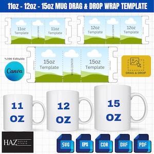Op de afbeelding: Een digitale sjabloon voor het maken van aangepaste mokwikkelingen in de maten 11oz, 12oz en 15oz. De sjabloon bevat een sleep-en-neerzetfunctie voor eenvoudige aanpassing van het ontwerp. De afbeelding toont een witte mok met de tekst "11 OZ" erop.