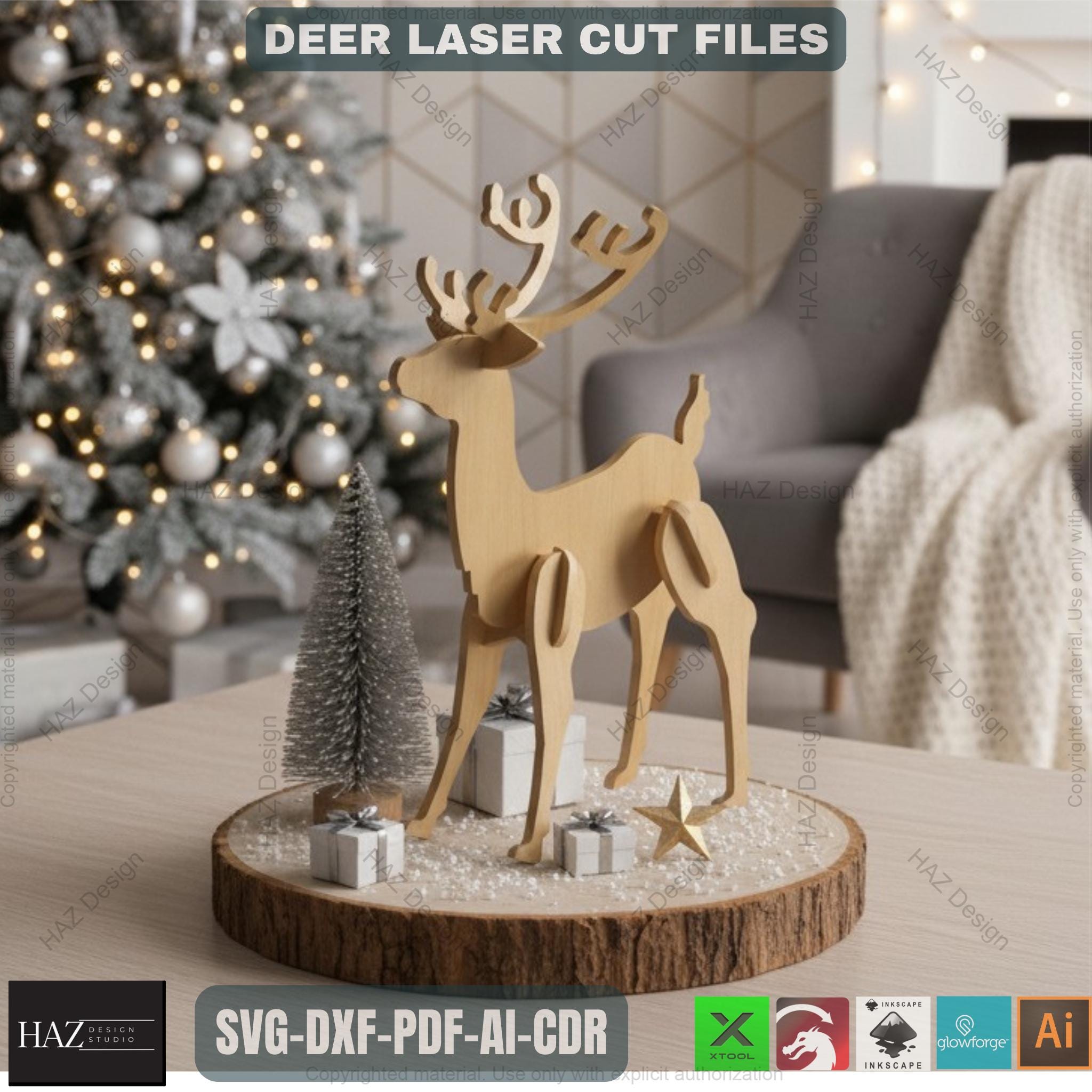 Laser Cut Reindeer Decor SVG DXF Files for Christmas Holiday, DIY Wood ...