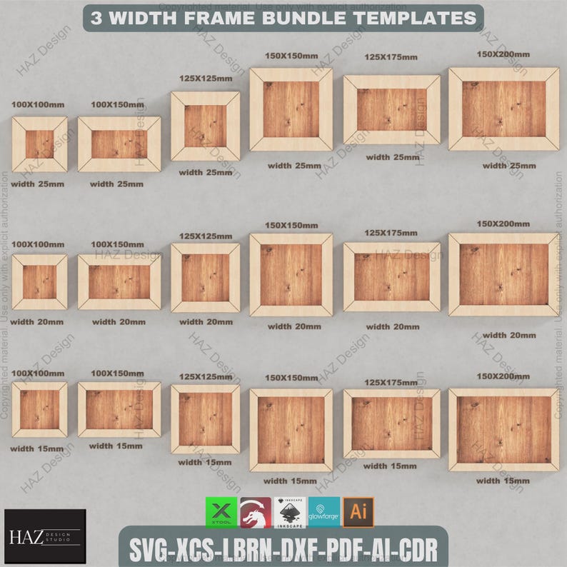May include: A set of 18 digital templates for creating picture frames in various sizes. The templates are available in SVG, XCS, LBRN, DXF, PDF, AI, and CDR formats. The frames have a wood grain texture and come in three different widths: 25 mm, 20 mm, and 15 mm.