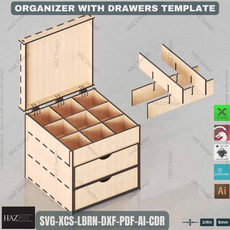 Laser Cut Organizer Box Plan With Drawers Wooden Jewelry or Desk ...