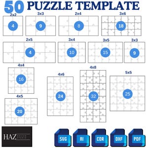 50 Puzzle Templates Bundle - Puzzle Svg - Formati multipli e layout unici - File di taglio laser per puzzle 343
