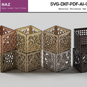 Scatola di legno decorativa con taglio laser, scatola regalo ornamentale geometrica, modello portacandele in formato SVG DXF CDR Ai 045