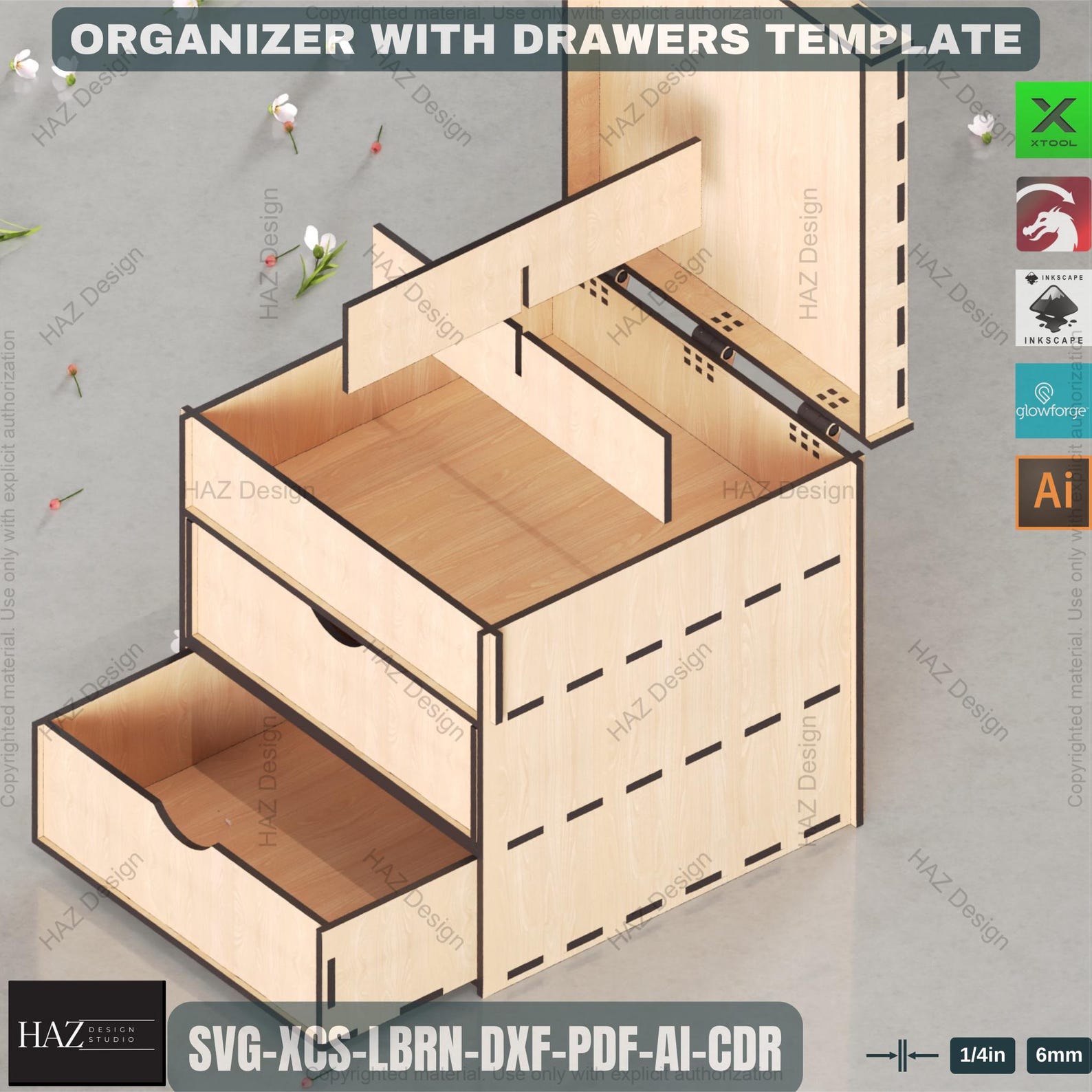 Laser Cut Organizer Box Plan With Drawers Wooden Jewelry or Desk ...