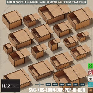 Może przedstawiać: Zestaw szablonów do tworzenia pudełek ze ślizgającym się wiekiem w różnych rozmiarach, od 3 mm do 1/4 cala. Szablony są pokazane w strukturze drewna i oznaczone formatami plików SVG, XCS, LBRN, DXF, PDF, AI i CDR.