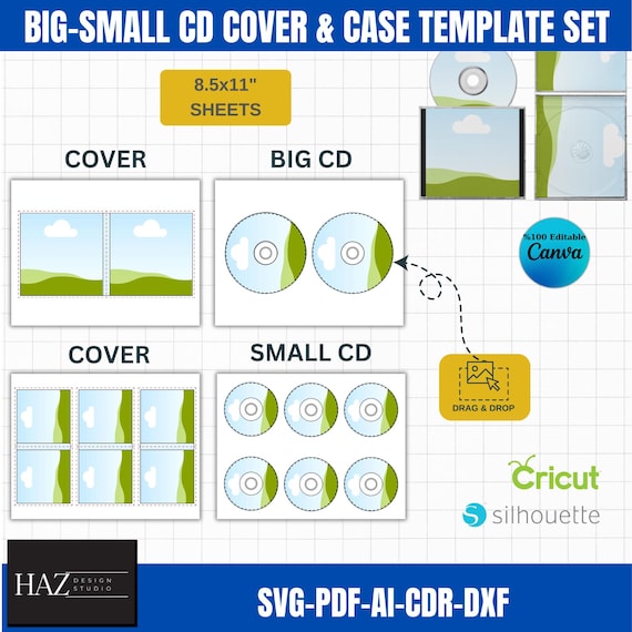 Customizable cd cover case template bundle big u0026 small cd sizes svg, pdf,  ai, cdr for canva 377 - etsy