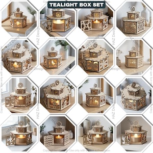 May include: A collection of wooden tealight box sets. Each box is a multi-tiered structure with intricate cut-out designs and a small door. The text "TEALIGHT BOX SET" is at the top. The boxes are lit from within, creating a warm glow.