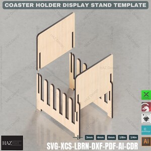 May include: A wooden coaster holder display stand template. The stand is made of plywood and has a simple design. The template is available in SVG, XCS, LBRN, DXF, PDF, AI, and CDR formats. The stand is designed to hold coasters of various sizes. The template includes measurements in millimeters and inches.