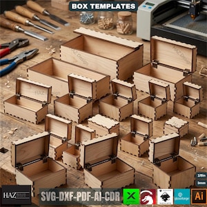 Może przedstawiać: Kolekcja szablonów drewnianych pudełek w różnych rozmiarach, niektóre otwarte, a niektóre zamknięte. Pudełka wykonane są z jasnego drewna i mają pokrywy na zawiasach. Obraz zawiera tekst "BOX TEMPLATES" i "SVG-DXF-PDF-AI-CDR".