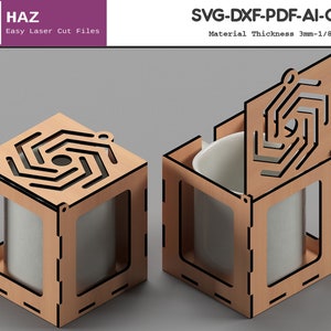 May include: A wooden mug holder with a removable lid. The holder is made of 1/8 inch thick wood and has a geometric design on the top. The holder is designed to hold a standard sized mug.