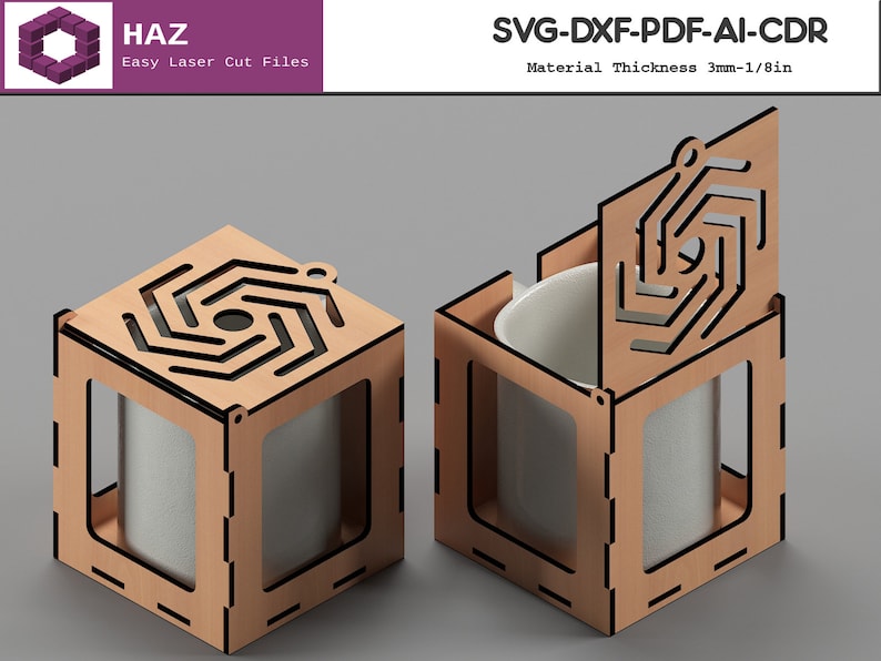 May include: A wooden mug holder with a removable lid. The holder is made of 1/8 inch thick wood and has a geometric design on the top. The holder is designed to hold a standard sized mug.