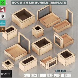 Laser Cut Box Template Bundle 12 Sizes with Lids for Gifts,Storage Digital File,Box with Window Lid Designs,Create Custom Wood Gift Boxes435