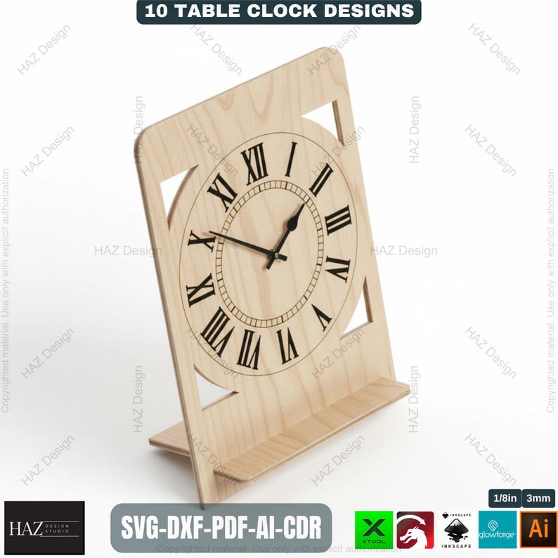 May include: A wooden table clock with a Roman numeral clock face. The clock is made of light-colored wood and has a rectangular base. The text "10 TABLE CLOCK DESIGNS" is at the top. The clock is approximately 6 inches tall.
