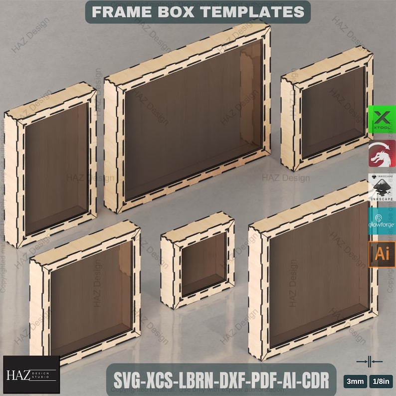 May include: A collection of wooden frame box templates in various sizes. The frames have a light wood color with dark brown interiors and decorative edges. The text "FRAME BOX TEMPLATES" is at the top. The bottom text reads "SVG-XCS-LBRN-DXF-PDF-AI-CDR".
