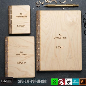 May include: Three wooden notebooks of different sizes are shown: A6 (105x148mm), A5 (148x210mm), and A4 (210x297mm). They have a light wood grain and decorative spines. A pen and design software logos are also visible in the image.