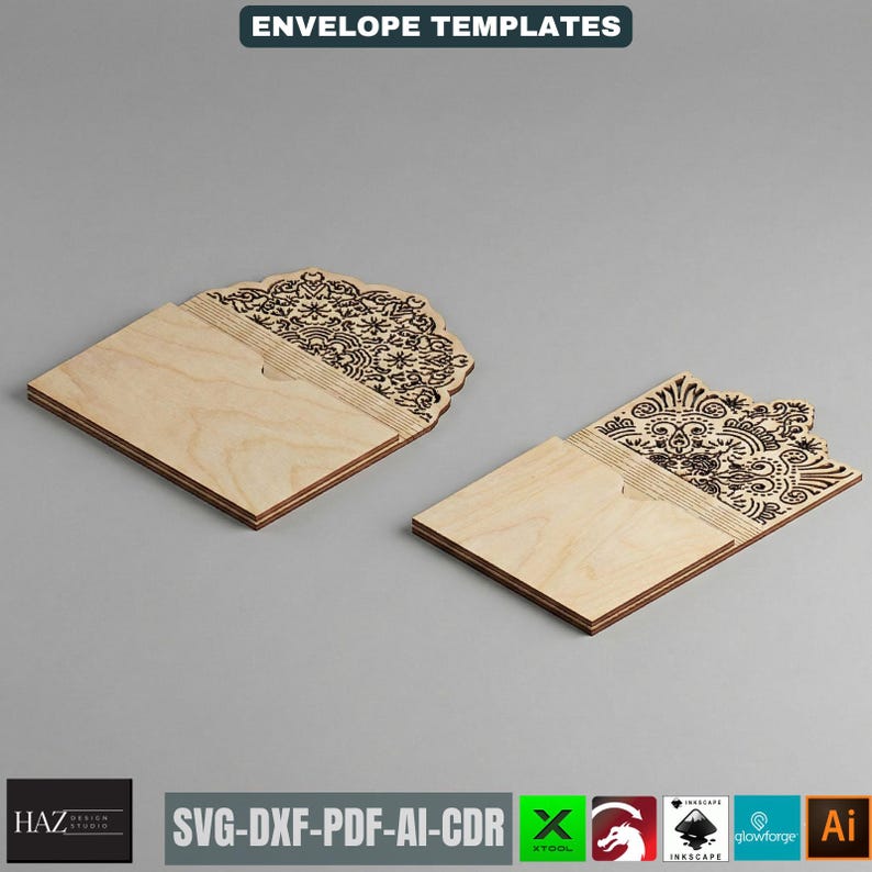 May include: Two wooden envelope templates with intricate laser-cut designs. The envelopes are light brown with a darker brown border. The top flap features a detailed floral pattern. The text "ENVELOPE TEMPLATES" is at the top.