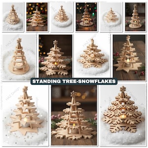 May include: A collection of wooden Christmas tree decorations with snowflake bases. The trees are made of light-colored wood and have a star on top. The text "STANDING TREE-SNOWFLAKES" is visible.