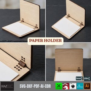 May include: A light-coloured wooden paper holder featuring a hinged design with dark brown accents at the joints. The holder includes a flat base and an upright back panel, with a white paper sheet placed on the base. Text reads 3mm and 1/8in.