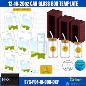 Paquete de plantillas para cajas de vidrio para latas de 12, 16 y 20 oz / Archivos svg, PDF, ai, CDR, DXF / Compatibles con Cricut y Silhouette / Editables en Canva 388