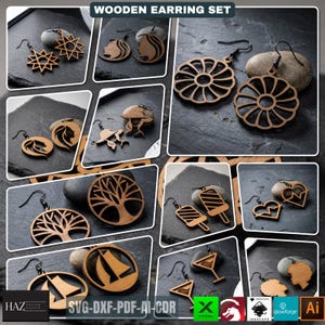 Puede incluir: Un conjunto de pendientes de madera con varios diseños, incluyendo soles, perfiles, flores, árboles, veleros y corazones. Los pendientes se muestran sobre una superficie gris oscuro. El texto "WOODEN EARRING SET" está en la parte superior.