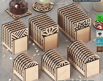 Laser geschnittener Untersetzerhalter Set 3 Größen + 6 Untersetzer-Designs, rund und quadratisch Designs Untersetzer und Halter SVG-Pack 431